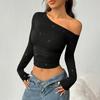 European Style Black One-Shoulder Long-Sleeved T-Shirt with Silver Accents - Slim Fit Women's Autumn Top