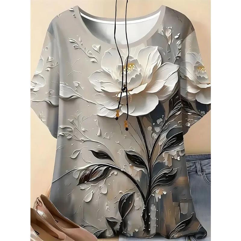Fashion Women's Crew Neck Short Sleeve 3D Flower Color Printing Flower Short Sleeve Crew Neck T-Shirt