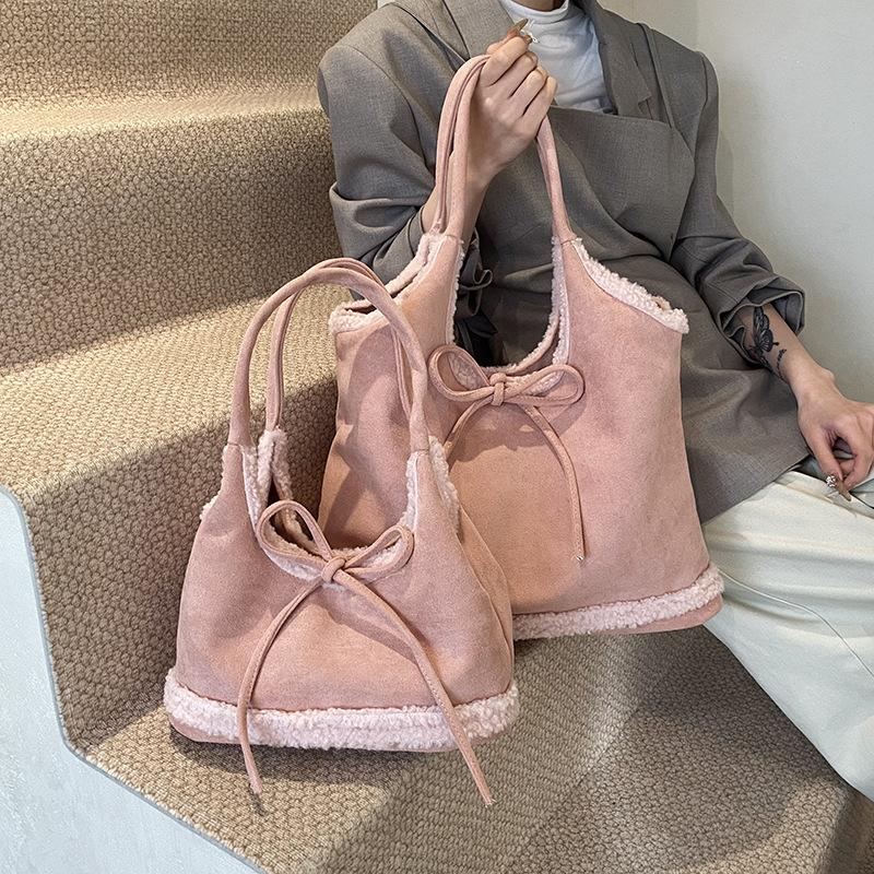 Lamb Wool Splicing Armpit Bag Bow Retro Lazy Large Capacity Shoulder Commuter Tote Bag