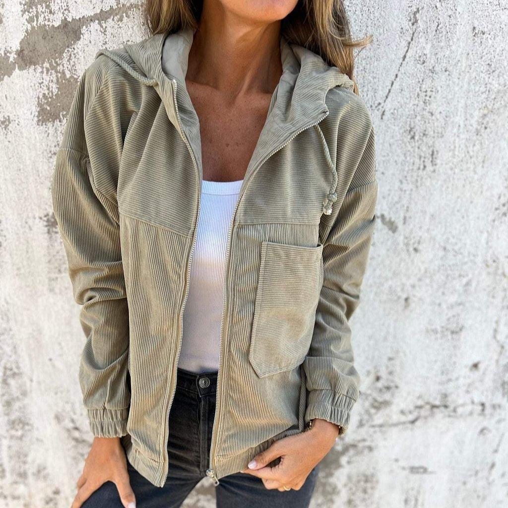 Women's Simple Style Autumn Jacket Coat  Corduroy Hooded Coats Women Fashion Pocket Long Sleeve Casual Jackets