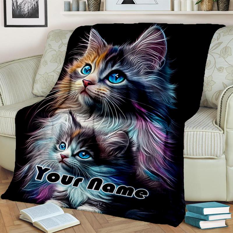 1PC Custom Name Colorful Kittens Friendship flannel blanket versatile,all-season throw suitable for the living room,bedroom,camping,travel,and gift