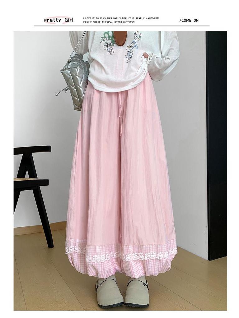 Lace Patchwork Lantern Pants - Spring/Summer Academy Style, Ice Silk, Wide-Leg Skirt Pants, Slimming Bud-Shaped Design.