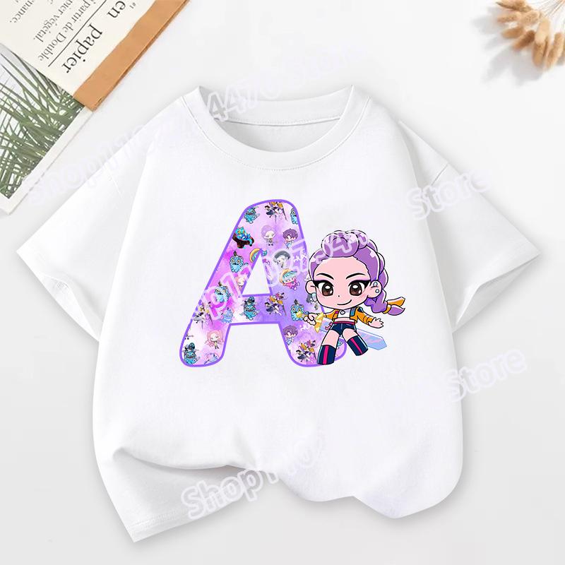 KPop Demon Hunters Child Short Sleeve T-shirt Cartoon Rumi Mira Zoey A-Z Print Cotton Tops Kawaii Summer Casual Tees Kids Gifts