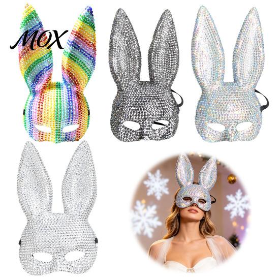 Halloween Costume Accessory Disco Mirror Rhinestone Rabbit Mask, Sparkly Glitter Bunny Face Mask Adjustable Elastic for Party, Shiny Reflective