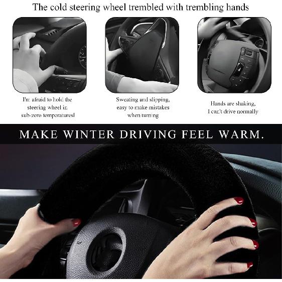 Car Fuzzy Steering Wheel Cover, 15 inch Fluffy Soft Steering Wheel Protector for Winter Warm, Anti-Slip Fuzzy Plush Vehicle Wheel Wrap Cover Interior