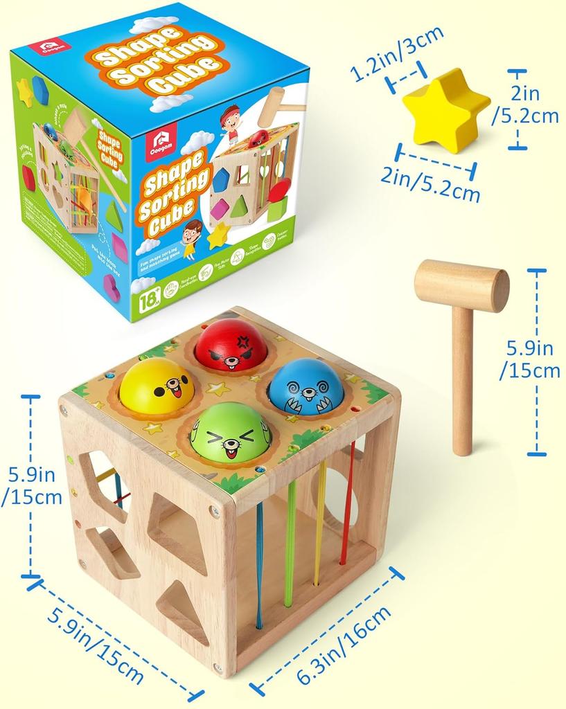 Coogam Wooden Montessori Children's Toy, Shapes Classification Cube Weight Blow Mole Fine Motorised Game for 1 2 3 18 Months Babies  Baby Gift