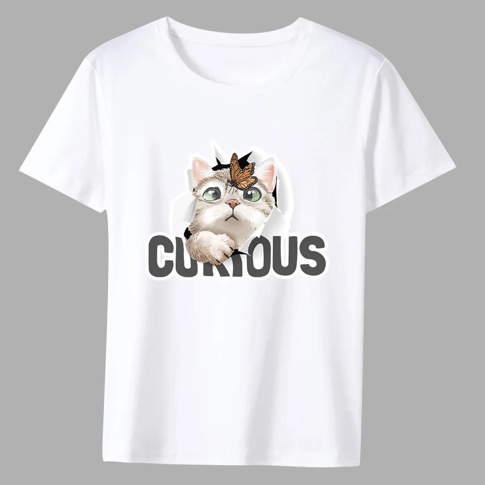 

Мужская футболка Классическая Серия с милым принтом котенка Модная Повседневная Простая с круглым вырезом для работы Удобный мужской белый топ XXXXXL белый