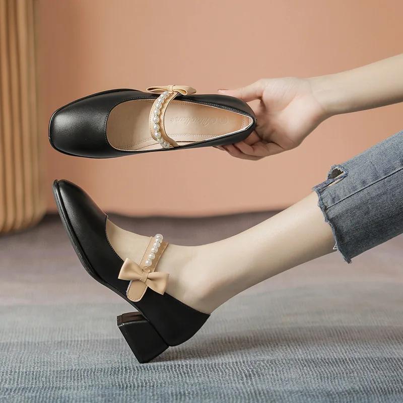New Women Shoes Sweet Pumps Girl Pearl Chain Heel High Heels Shoes Fashion Dress Shoes
