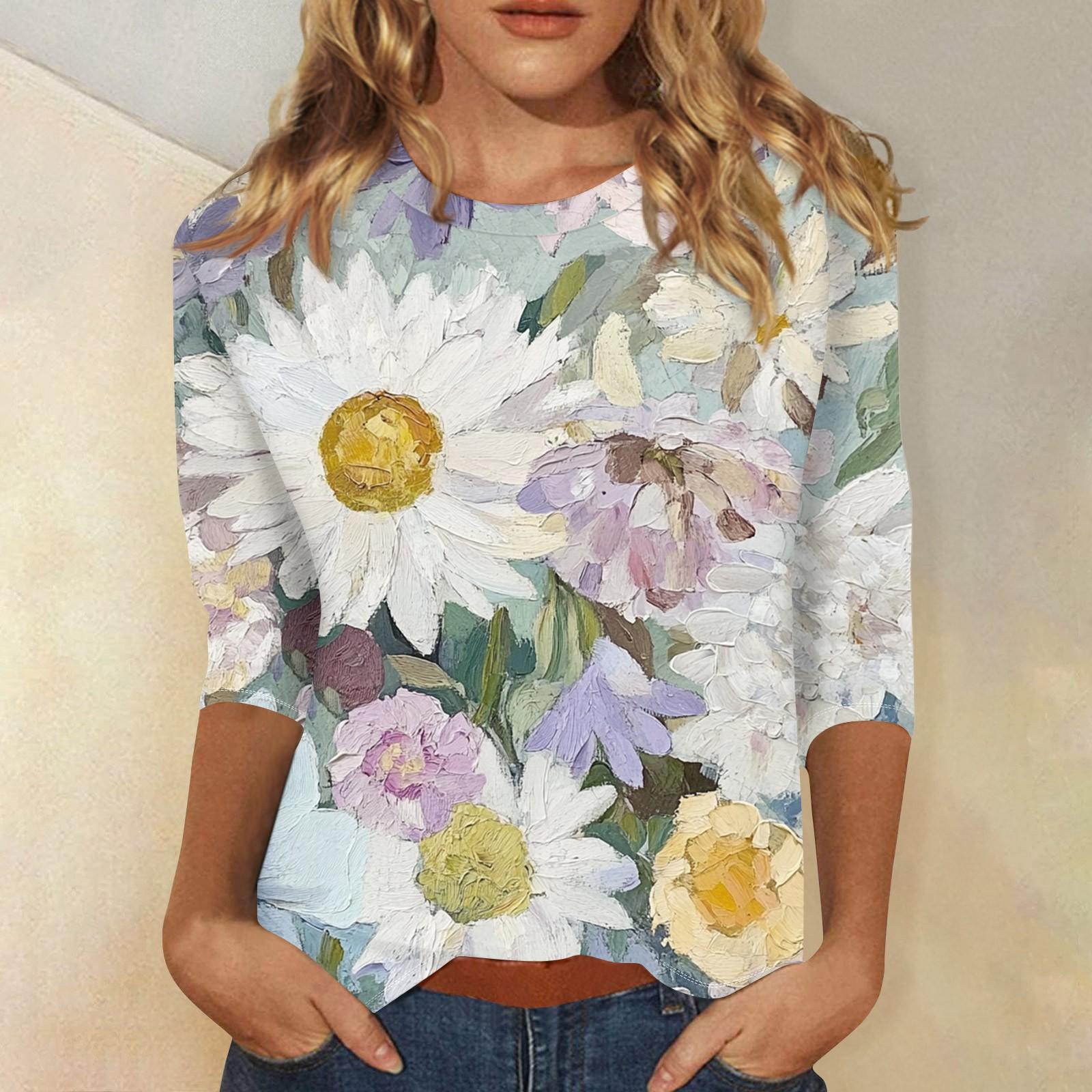 

Женская мода повседневная три четверти рукав цветочный принт круглый вырез пуловер топ XL белый