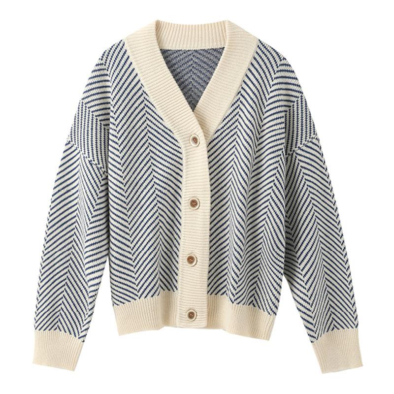 Striped Knitted Cardigan Women's Loose Sweater Single Breasted Buckle Casual Long Sleeved Jacket Warm Comfortable Commuter Tops Autumn and Winter