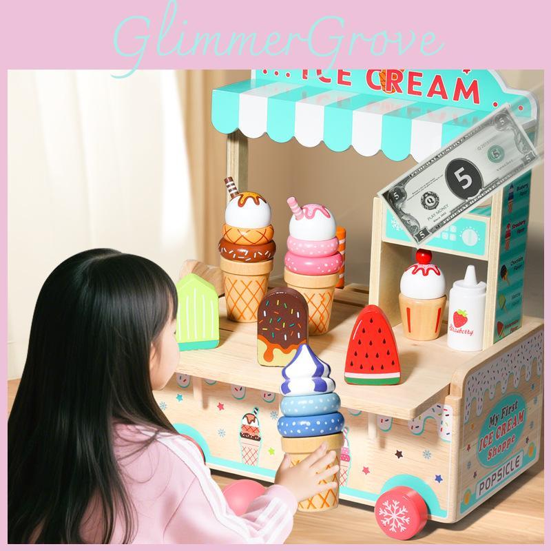Wooden Simulation Ice Cream Cart Children Role Playing Toy Set For Imaginative Play And Parent Child Interaction