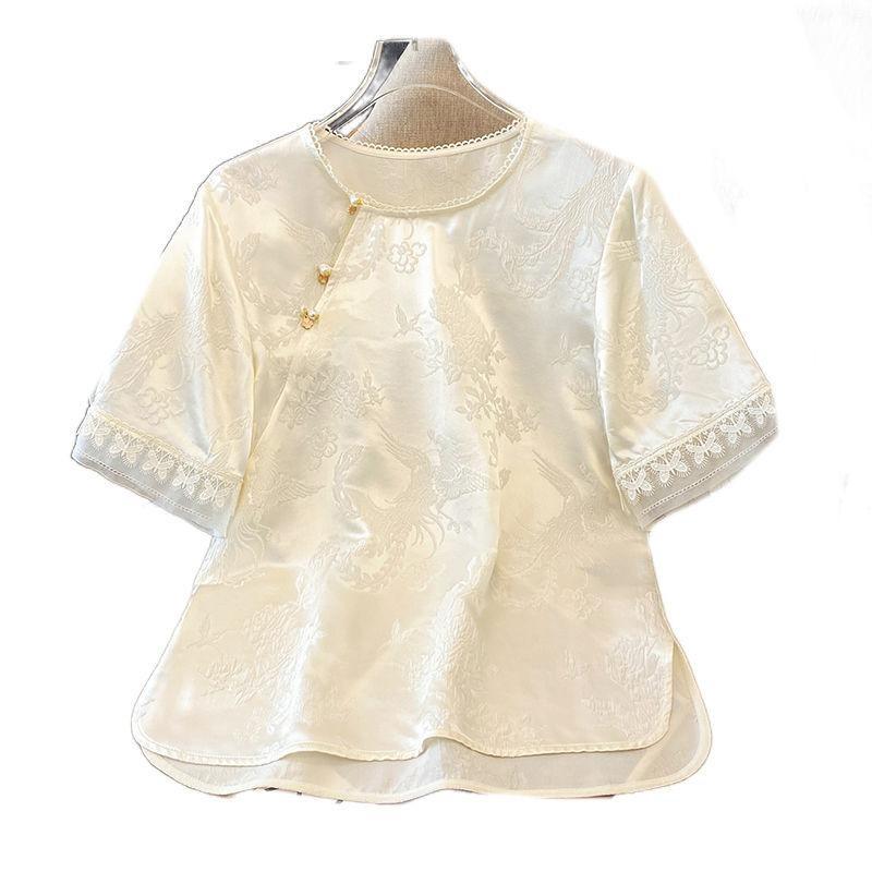 Top women's summer new short-sleeved disc-buckled mother's shirt popular shirt fashion