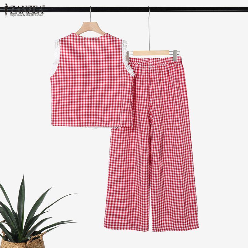 ZANZEA Women Sleeveless Tank Tops and Pants Summer Plaid Print Two Piece Suit Sets