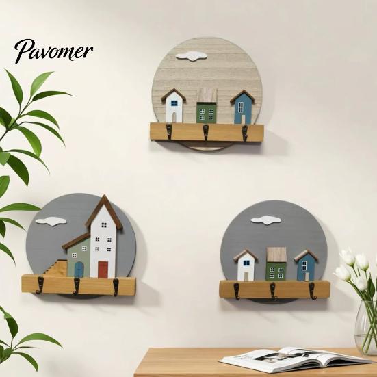 Wall Mounted Key Holder Nordic Wooden Cottage Holder, House Shaped Storage Rack with 3 Decorative Hooks for Metal Hook, Sturdy Organizer Entryway