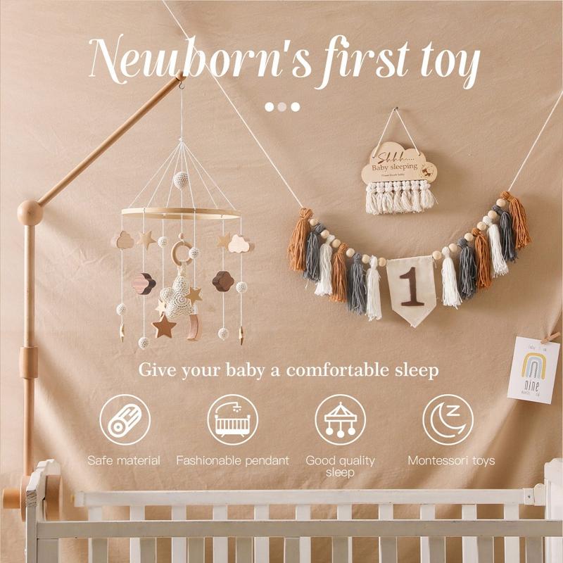 Baby Crib Mobile Wooden Bed Bell Rattle Toy Soft Felt Star Moon Wind Chime Pendant Newborn Comfort Bed Bell Toys Baby Gift