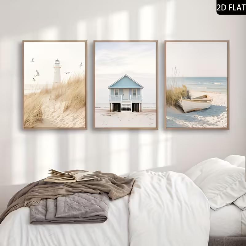 Modern Landscape Wall Decor, Small Fresh Beach, Lighthouse, Cottage, Boat, Wall Art Canvas Painting, Bedroom Living Room Wall Decoration