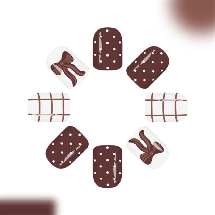 24 Glossy Short Square Fake Nail Coffee Brown Bowknot Checkered Pattern White Polkas Dots ABS Material For Fall Winter Manicure
