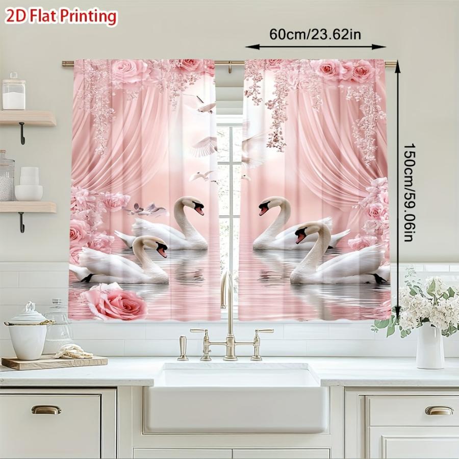 2PCS Digital Printed Curtains, Pink Rose Swan Lake Pattern, Beautiful Window Drapes for Living Room Bedroom Home Decor