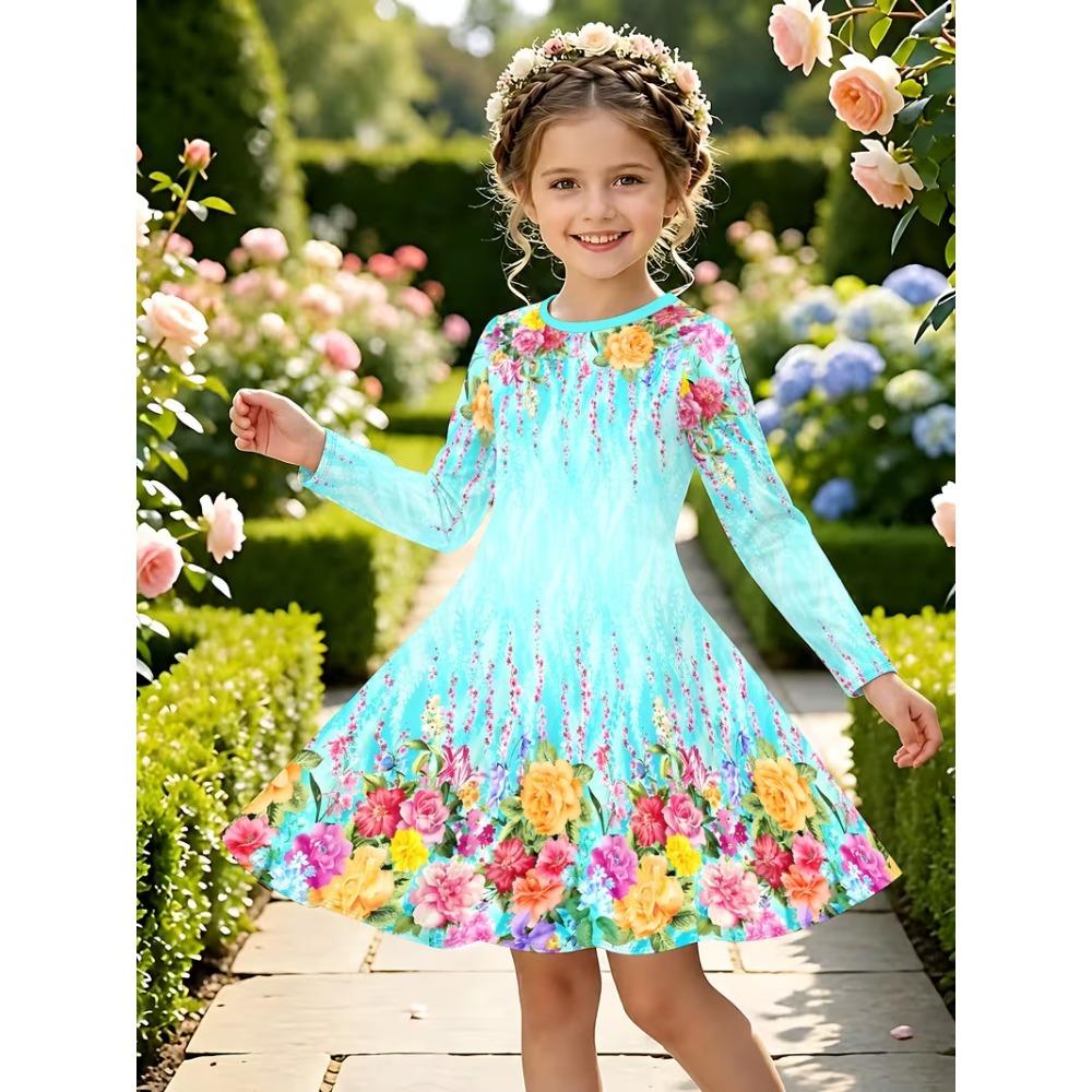 Girls' 3D Floral Dress Long Sleeve Summer Spring Vacation Daily Holiday Princess Beautiful Sweet Kids 4-12 Years Casual Dress A Line Dress