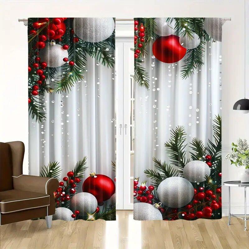 Set Of 2 Christmas Curtains Polyester Printed Tree Home Decoration Room Made