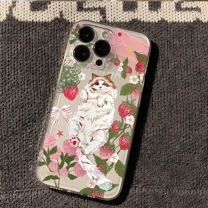 

Strawberry Cat Floral Pattern Phone Case for iPhone 17 16 15 14 13 12 11 16E Series Pro Max Plus Double Layer Protection iphone 11 ProMax