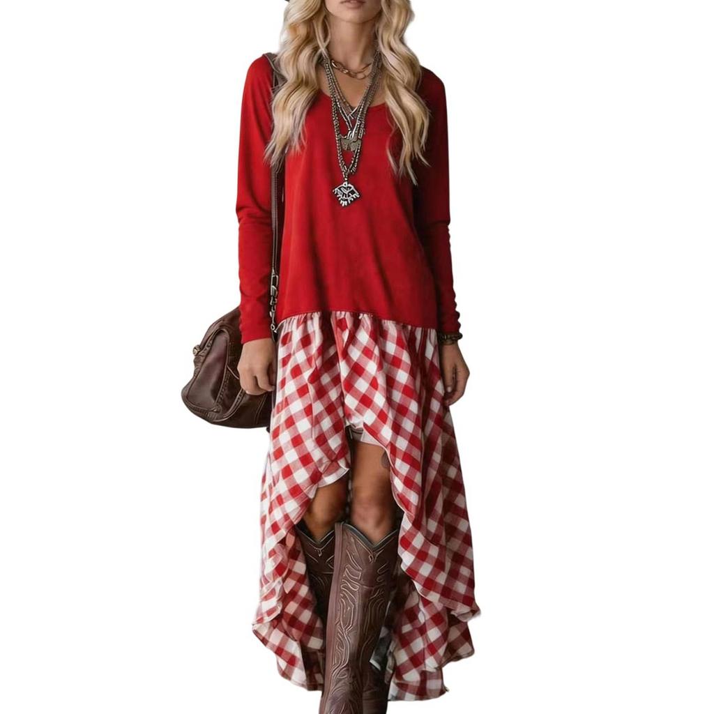 Women's Long Sleeve Bohemian Dress with Plaid Patchwork and Asymmetric Hem for Spring and Fall