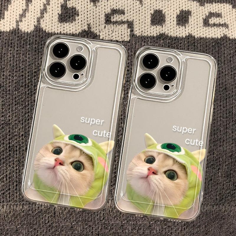 Applicable iPhone16promax Green Headgear Cat Mobile Phone Case Apple 14 Cartoon 13/12 Personality 15 Anti-drop X
