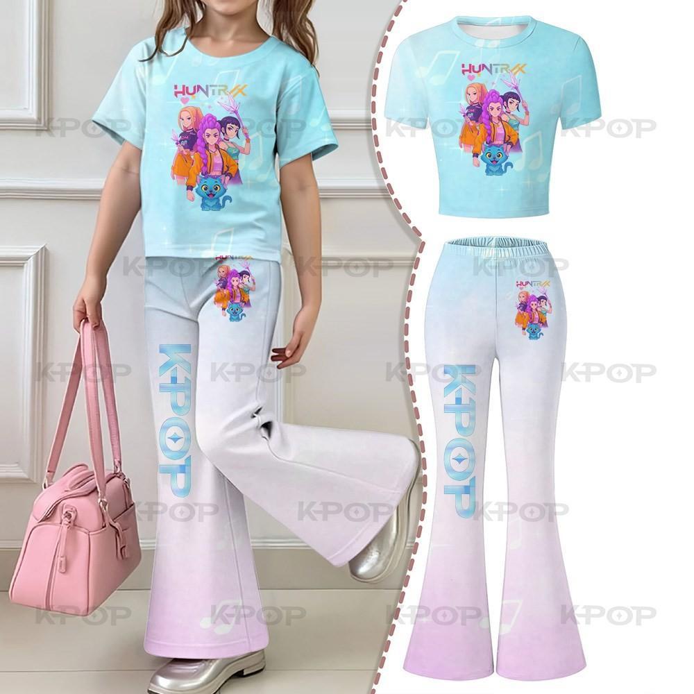 2026 Children's Kpop Hunter Short Sleeve Set Girls' New Style, Regular Short Sleeve Top and Bell Bottom Pants Two Piece Set