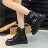 New Round Toe Fashionable Side Zipper Motorcycle Shoes Solid Color Elegant Warm Casual Lace-up Non-slip Women's Boots