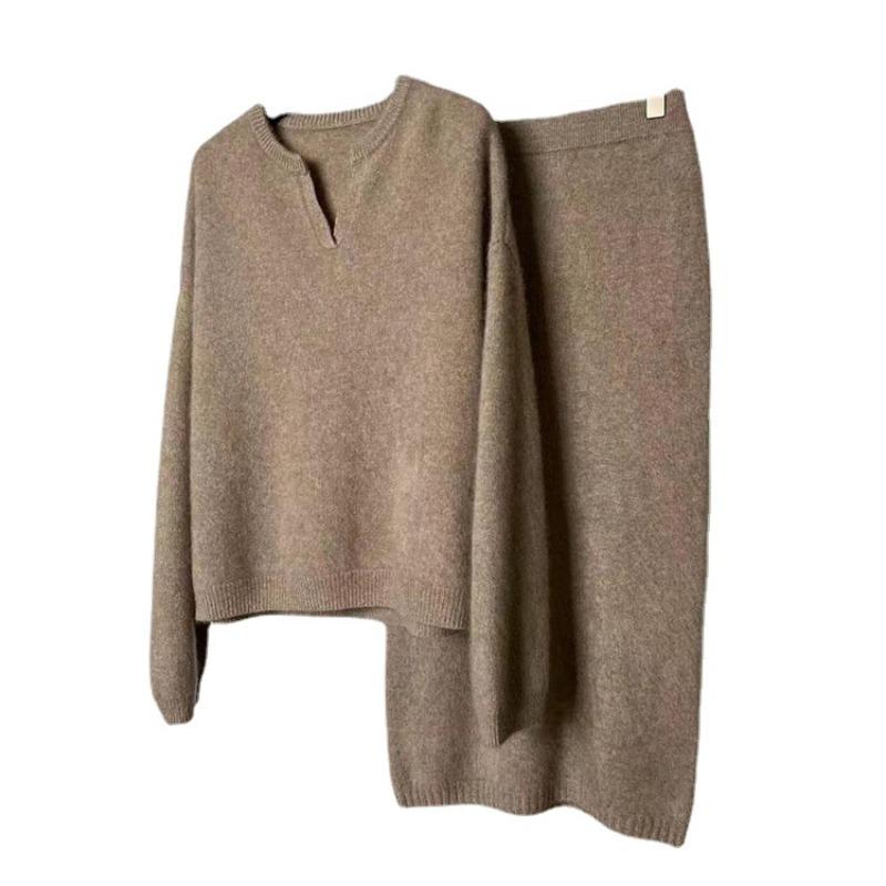 Autumn Solid Color V-neck Knitted Skirt Set Temperament Casual Large Size Two-piece Set 6285