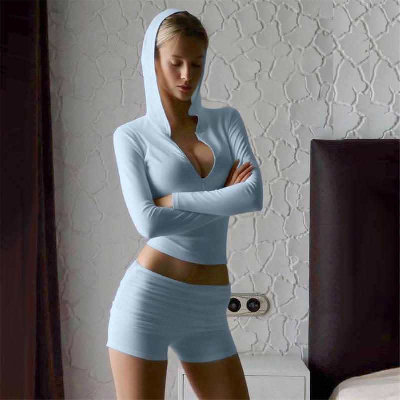 Women s European & American Style Autumn Zip-Up Hoodie & Pleated Shorts Sporty Two-Piece Set Blue маленький