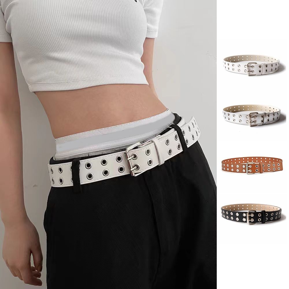 Punk Double Row Hole Belt Wide Side Hip-hop Waist Belt PU Leather Star Waistbands  Female/Girls