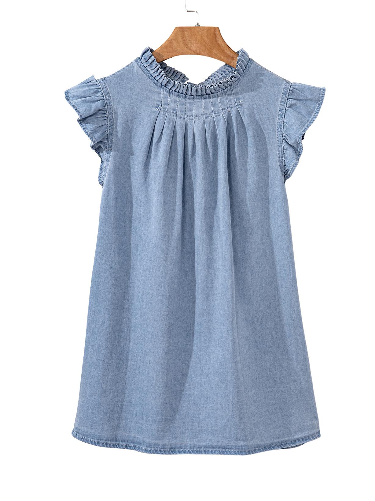 

Shiying Европейско-американский Повседневный Кружевной Пуловер: Топ с драпировкой и круглым вырезом с коротким рукавом для женщин S небесно-голубой