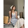 Super Good-looking and Thin Fake Two-piece Splicing Red Plaid Suspender Skirt Women's Summer New Loose Small Dress