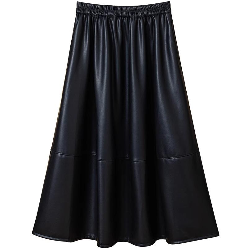 Hepburn Style A-Line Matte PU Leather Skirt: Retro Mid-Length, Elastic Waist, Large Swing, Autumn/Winter
