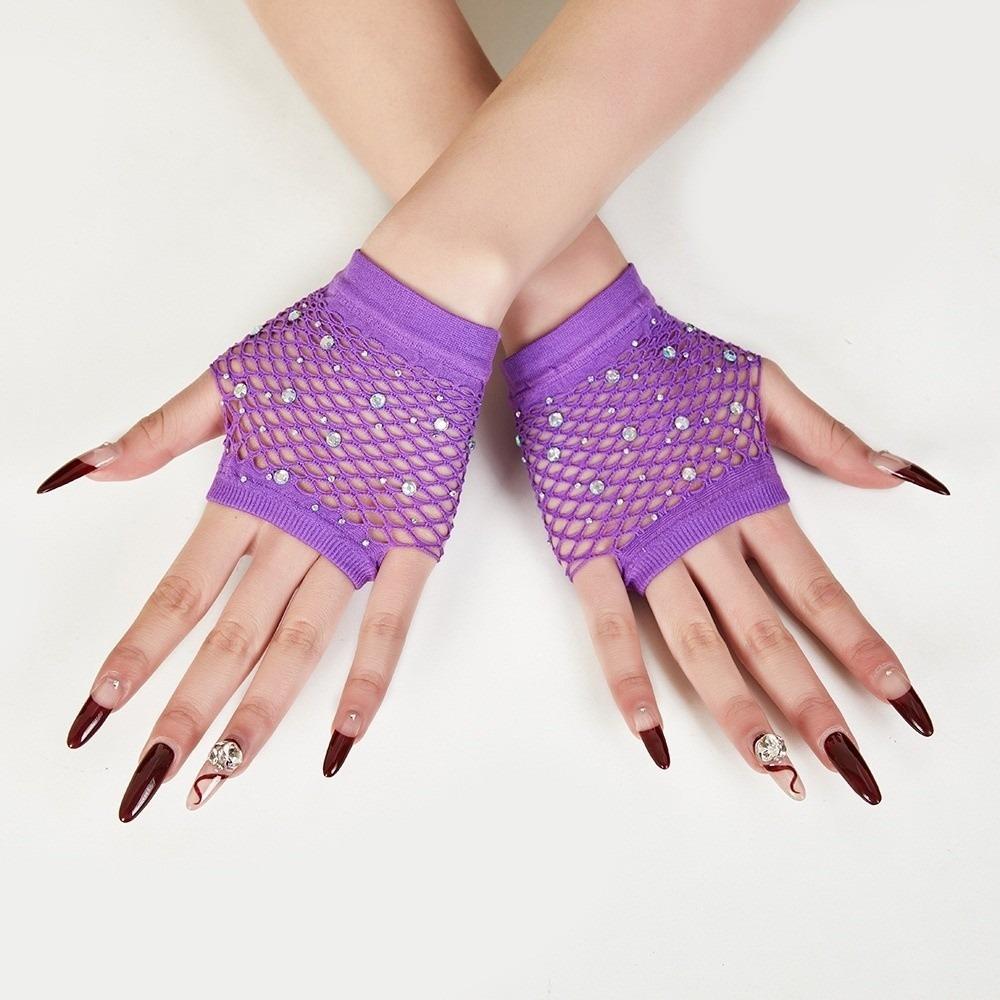 Fishnet Design Rhinestone Gloves Shiny Decor Short Gloves New Fingerless Gloves Dance Performance