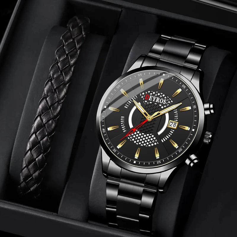 

2 шт./комплект 1 шт. Модные мужские кварцевые часы с календарем, повседневные мужские наручные часы из нержавеющей стали и 1 шт. Браслет