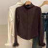 Women's Plus Size Thermal Fleece T-Shirt with Fuzzy Cuffs and Half-High Collar - Slim Fit, Long Sleeve for Autumn/Winter