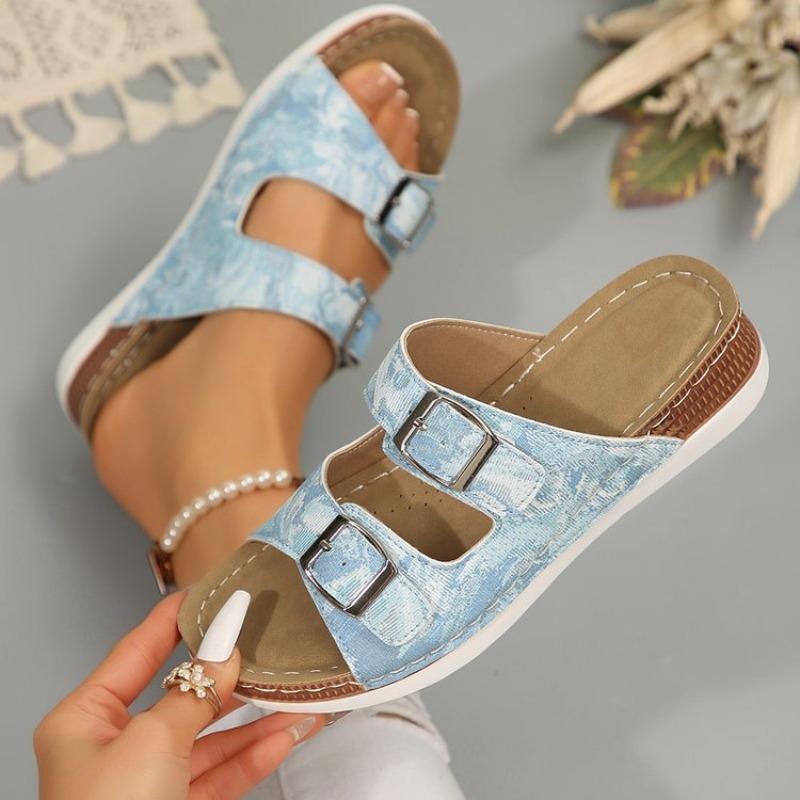 Scarpe da spiaggia retrò a fondo piatto e punta rotonda, sandali Birken con doppia fibbia e cinturino, infradito da donna