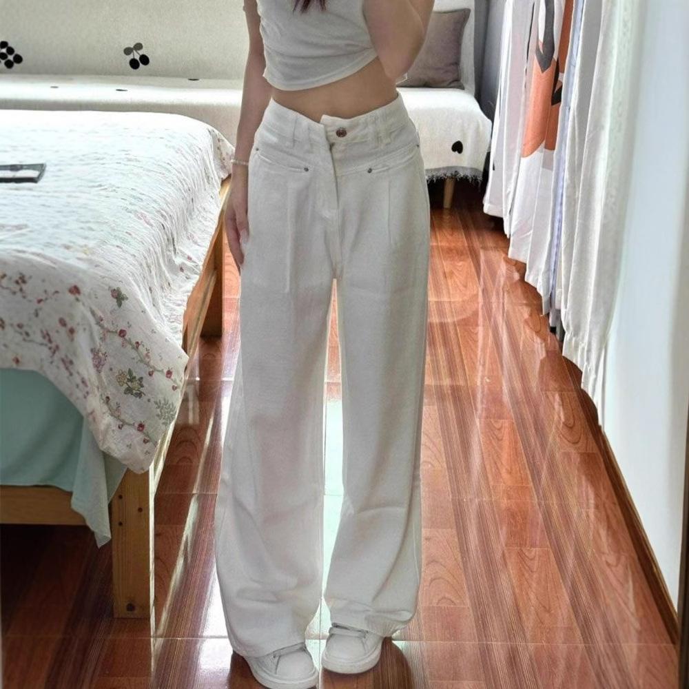 Modische Bequeme Peplum Weiße Jeans Damen Jährlich Hohe Taille Locker Schleppend Drapierte Weitbeinige Hosen Jeans für Damen Lange Denimhosen