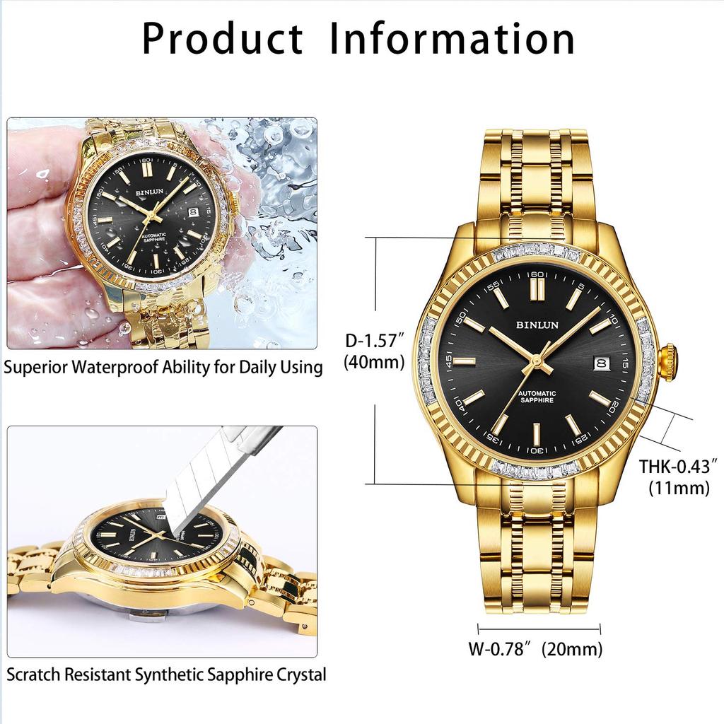 BINLUN Gold Mechanical Automatic Business Popular with Stainless Date Display Men's Watch, Waterproof, Stylish, Casual, Watch, Gentlemen, Steel,