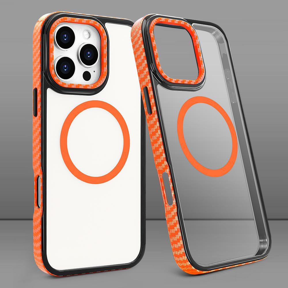 For iPhone 16 pro Max Strong Magnetic Phone Case Carbon Fiber Pattern Frame Transparent Cover for iPhone 16 pro, Wireless Charge