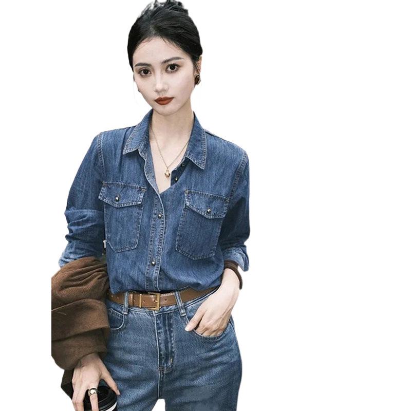 Women's Retro Hong Kong Style Washed Denim Long Sleeve Shirt - Autumn/Winter Korean Design Layering Outerwear