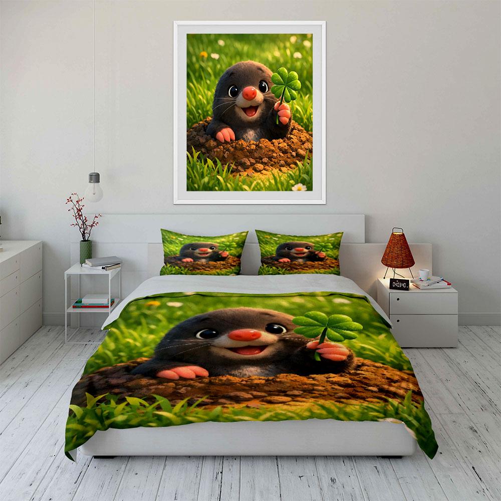 Adorable Mole Holding Clover Printed Duvet Cover Set1 Duvet Cover+2 Pillowcasemulti Size Bedroom Bedding Decor Luxury Gifts