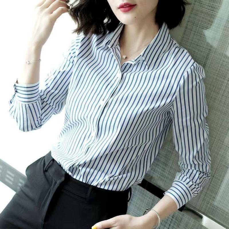 Camicia da donna a maniche lunghe a righe, vestibilità slim, elegante e casual, con bottoni.