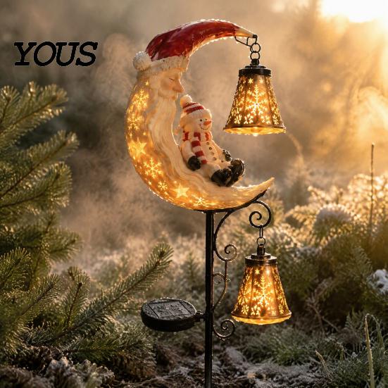 Festive Garden Stake Lights Solar Snowman/Ghost Moon Light, Waterproof Metal Sculpture, Decorative Iron Ground Insert Powered Lamp for Outdoor Pathway