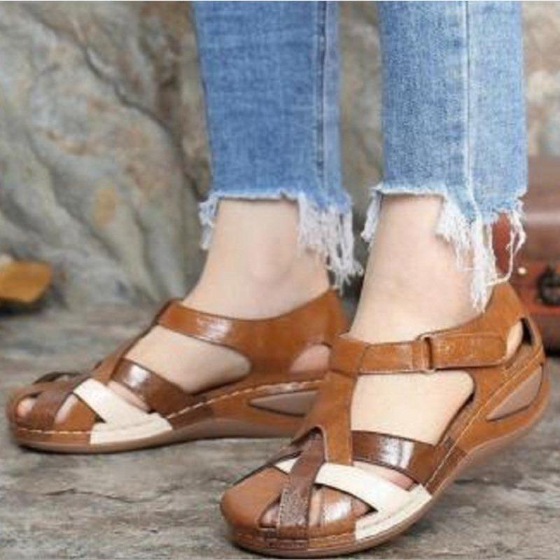 Summer new large size retro round head wedge heel women's shoes cross buckle women's sandals