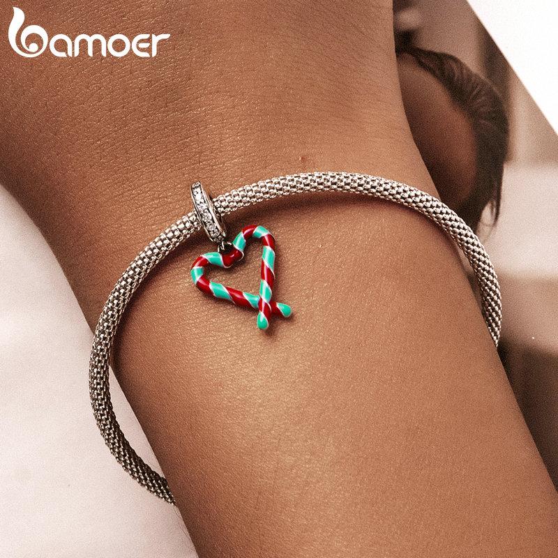 Bamoer 925 Sterling Silver Candy Canes Love Pendant Fit for Women Bracelet & Bangle Christmas Gift