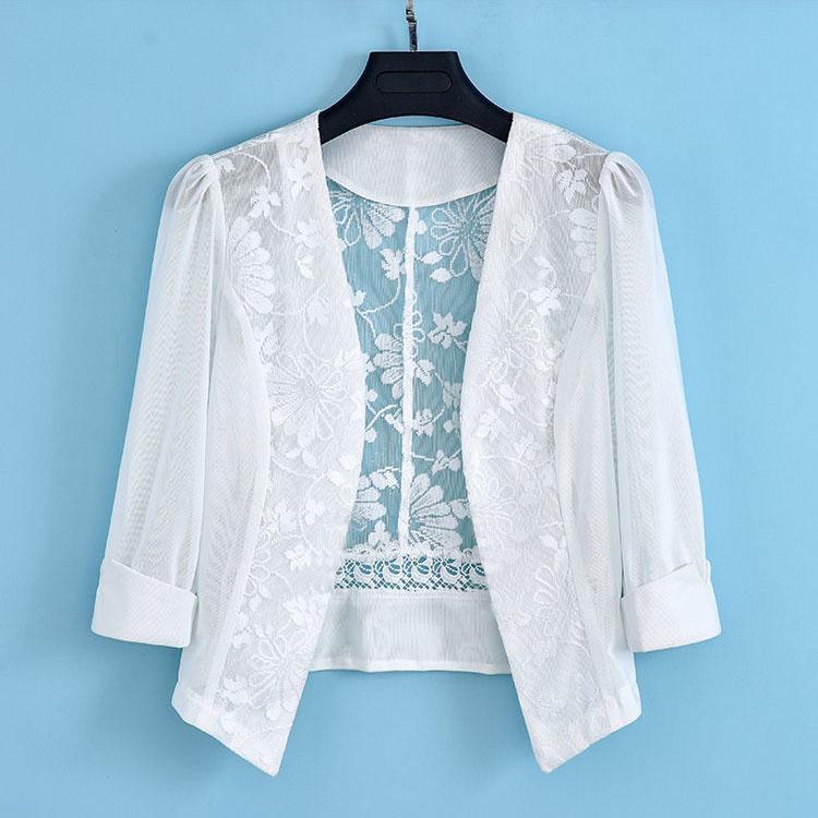 Sunscreen Clothing Women's Shawl Mesh White Suit Jacket Summer Camisole Short Jacket Lace Solid Casual Coat