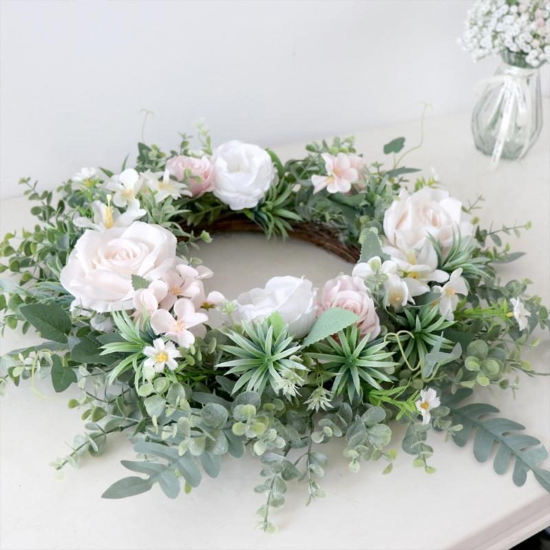 Artificial Rose Flower Wreath 19.69" Spring Wreath for Outdoor Front Door Indoor Weddings Window or Wall Décors Gifts